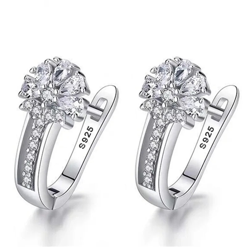 أقراط من الفضة الإسترلينية عيار 925 مرصعة بالزركون والكريستال على شكل زهرة، مجوهرات ساحرة للنساء كهدية خطوبة وزواج