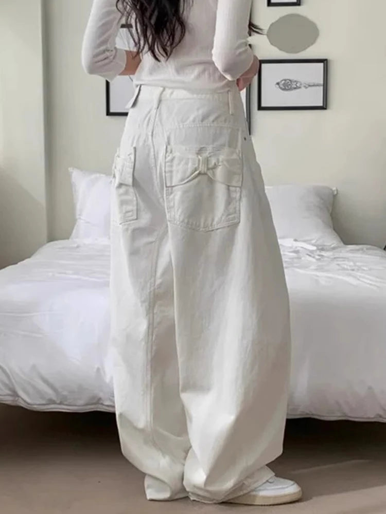 بنطلون جينز نسائي فضفاض بتصميم عقدة من قماش الدنيم، جديد للربيع، بنطلون كاجوال بخصر عالٍ وساق واسعة، لون نقي