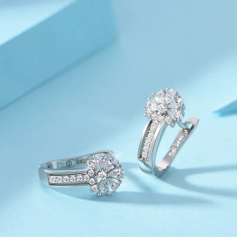 أقراط من الفضة الإسترلينية عيار 925 مرصعة بالزركون والكريستال على شكل زهرة، مجوهرات ساحرة للنساء كهدية خطوبة وزواج 