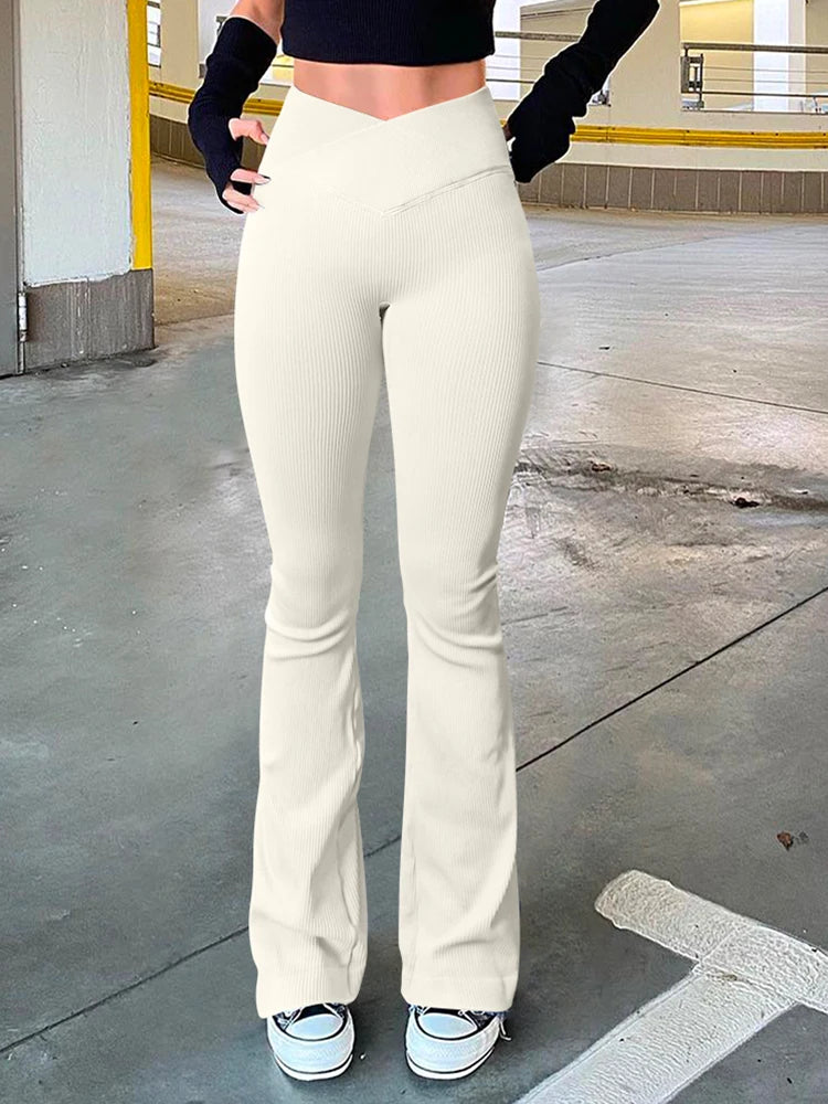 بنطلون يوجا نسائي بنطلون واسع جدًا لشد الخصر ورفع الورك يُظهر مرونة عالية وجيد التهوية وملابس رياضية غير رسمية للصالة الرياضية 