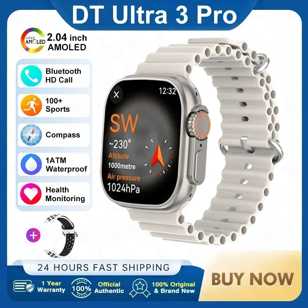 ساعة ذكية DT Ultra 3 Pro جديدة لعام 2025 مزودة بنظام تحديد المواقع العالمي (GPS) من جوجل وذاكرة 32 جيجابايت وموسيقى وفيديو وNFC وبلوتوث ومكالمات مقاومة للماء تعمل بنظامي Android وiOS 