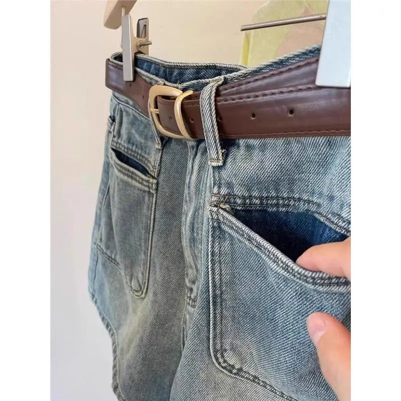 بنطلون جينز نسائي صيفي بخصر عالٍ وواسع الساق باللون الأزرق بتصميم عتيق على شكل كمثرى لتنحيف الجسم على شكل حرف A مقاس كبير