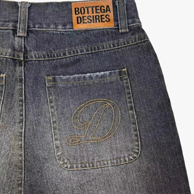 شورت جينز هاراجوكو عتيق من Deeptown Y2k للنساء مطرز بأحرف مغسولة وشرابات جينز أمريكية ريترو للرجال سراويل هيب هوب فضفاضة 