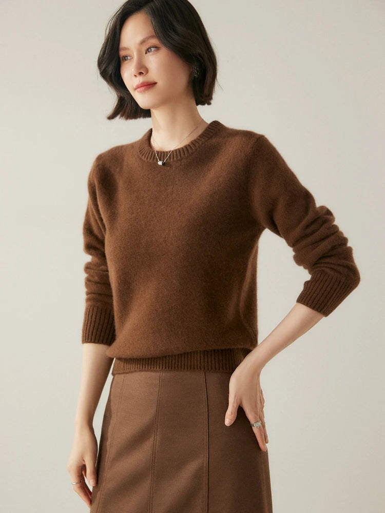 سترة أنيقة برقبة دائرية من الكشمير بنسبة 100% للنساء بلون واحد للخريف والشتاء ملابس أساسية غير رسمية سميكة ودافئة من التريكو بلوزات ناعمة 