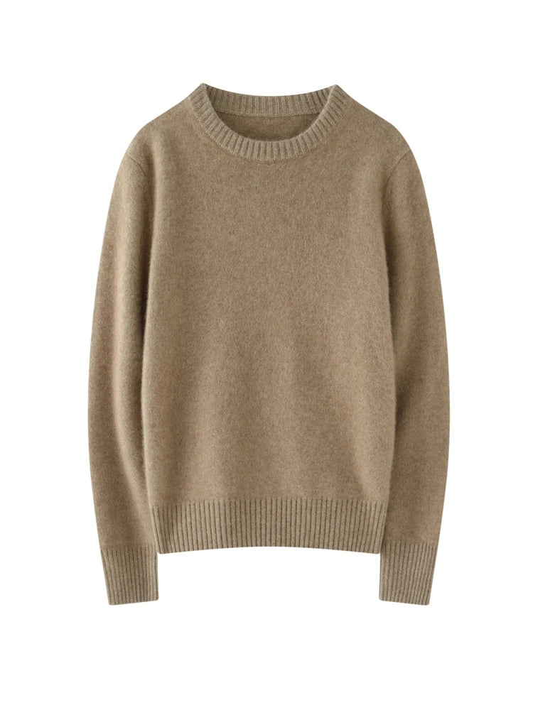 سترة أنيقة برقبة دائرية من الكشمير بنسبة 100% للنساء بلون واحد للخريف والشتاء ملابس أساسية غير رسمية سميكة ودافئة من التريكو بلوزات ناعمة 