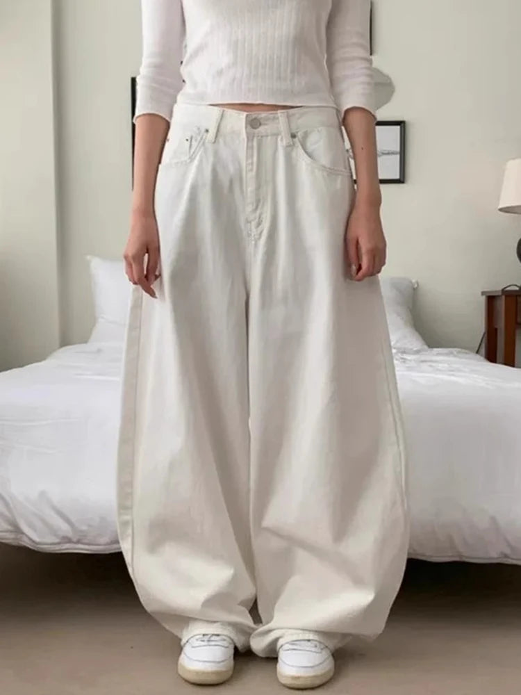 بنطلون جينز نسائي فضفاض بتصميم عقدة من قماش الدنيم، جديد للربيع، بنطلون كاجوال بخصر عالٍ وساق واسعة، لون نقي