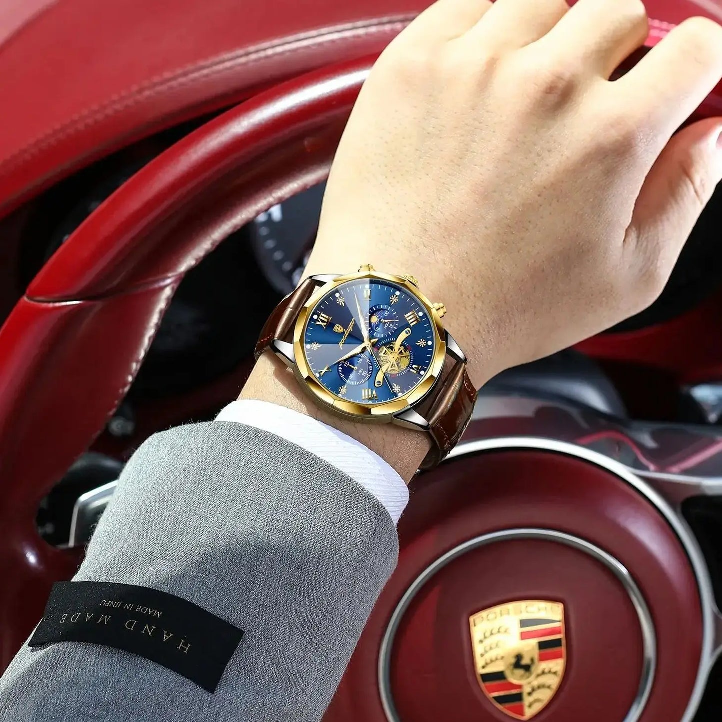 ساعة يد رجالية فاخرة عسكرية من POEDAGAR كوارتز مقاومة للماء كرونوغراف مضيئة من الجلد للرجال ساعة رياضية للرجال 