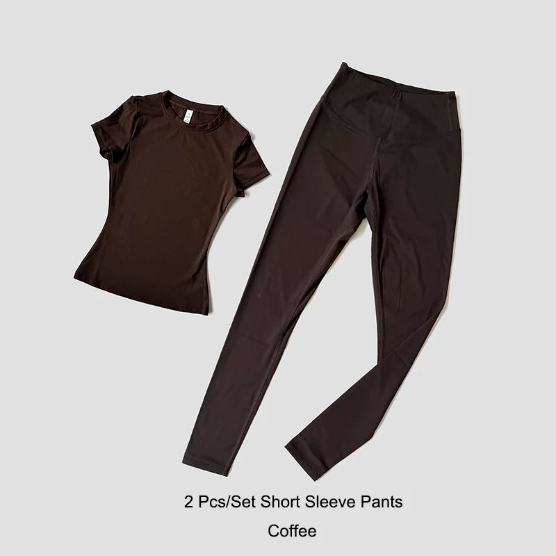 مجموعة يوغا نسائية ملابس رياضية ملابس تمرين ملابس رياضية بنطال رياضي ضيق لياقة بدنية قميص قصير الأكمام بدلة رياضية