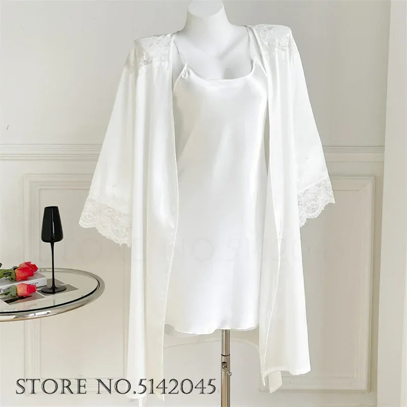 طقم ملابس نوم مثيرة من الدانتيل للنساء، ملابس نوم وأردية حمام، ملابس نوم حميمية، رداء حمام من الحرير والساتان، ملابس نوم صيفية منزلية 