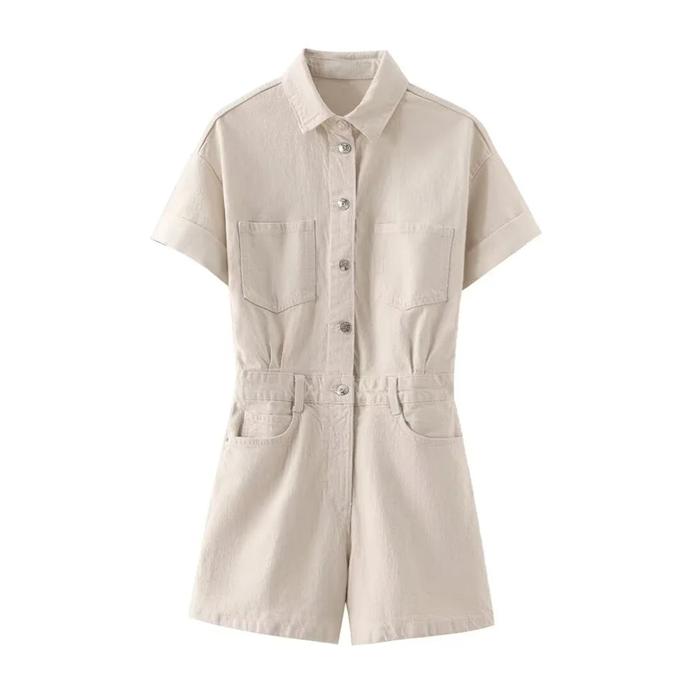 جمبسوت جينز قصير للنساء من ZARF مع مشبك جيب مزخرف لفصل الربيع والصيف ملابس نسائية غير رسمية جديدة