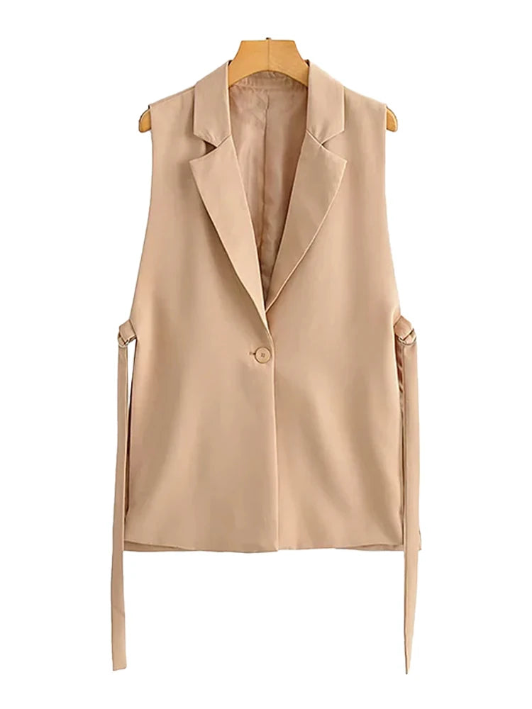 صدرية نسائية أنيقة من TRZA بفتحات جانبية وصدرية بدون أكمام وأزرار أمامية وملابس خارجية نسائية أنيقة 