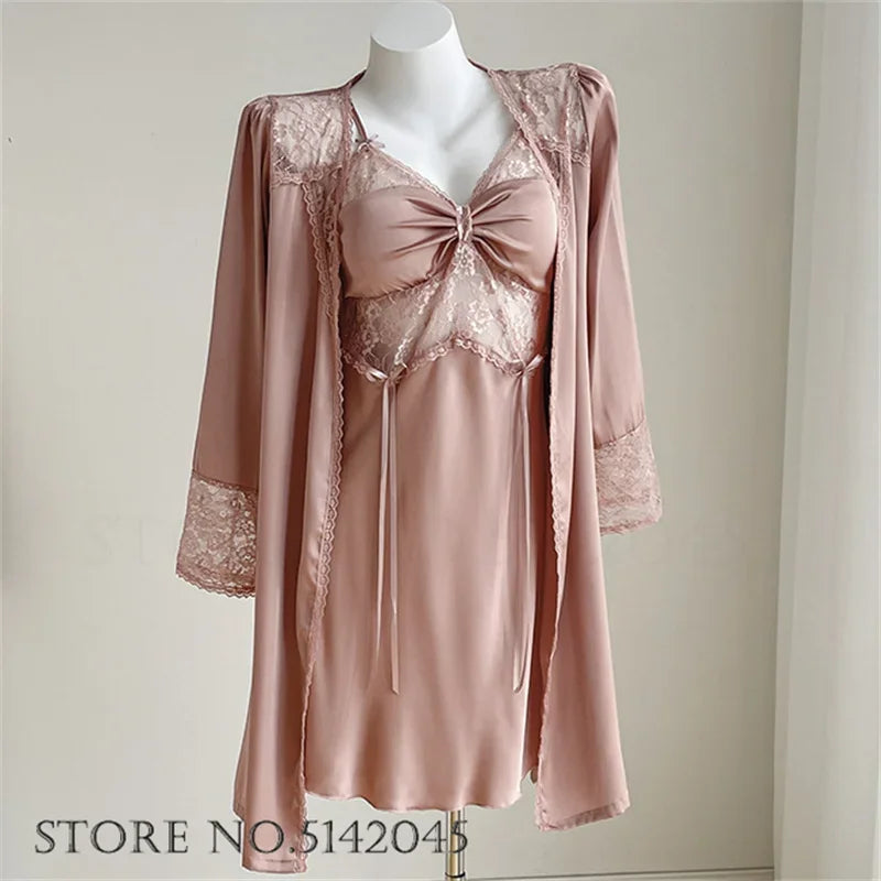 طقم ملابس نوم مثيرة من الدانتيل للنساء، ملابس نوم وأردية حمام، ملابس نوم حميمية، رداء حمام من الحرير والساتان، ملابس نوم صيفية منزلية 