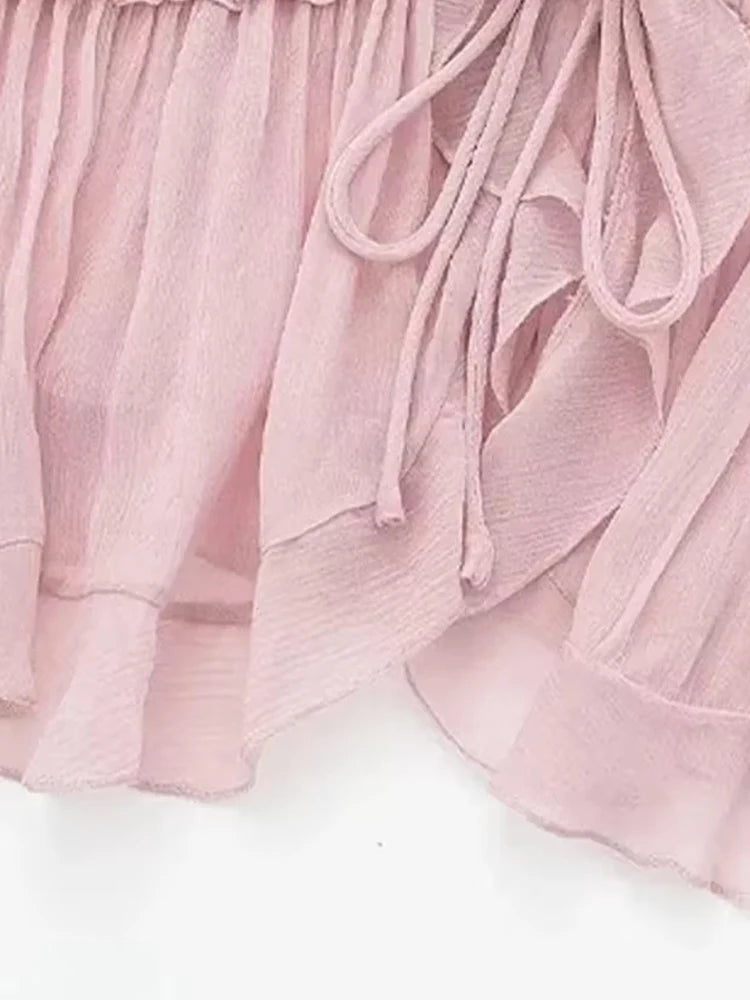 تي شيرت نسائي TRZA عصري مع كشكشة أمامية مربوطة شبه شفافة بدون أكمام، مثير بدون ظهر وأشرطة رفيعة، كاميس نسائي 