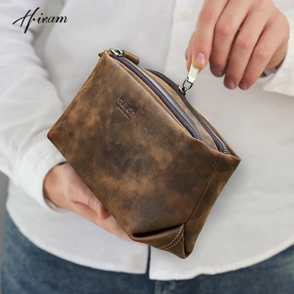 حقيبة كلاتش كاجوال للرجال من الجلد الأصلي بتصميم كلاسيكي من Crazy Horse، محفظة رجالية، حقيبة يد كبيرة السعة، حامل بطاقات، جيب صغير لجهاز iPad 