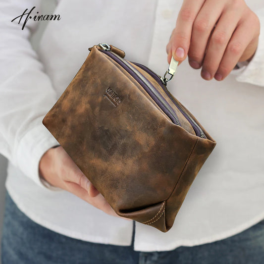 حقيبة كلاتش كاجوال للرجال من الجلد الأصلي بتصميم كلاسيكي من Crazy Horse، محفظة رجالية، حقيبة يد كبيرة السعة، حامل بطاقات، جيب صغير لجهاز iPad 