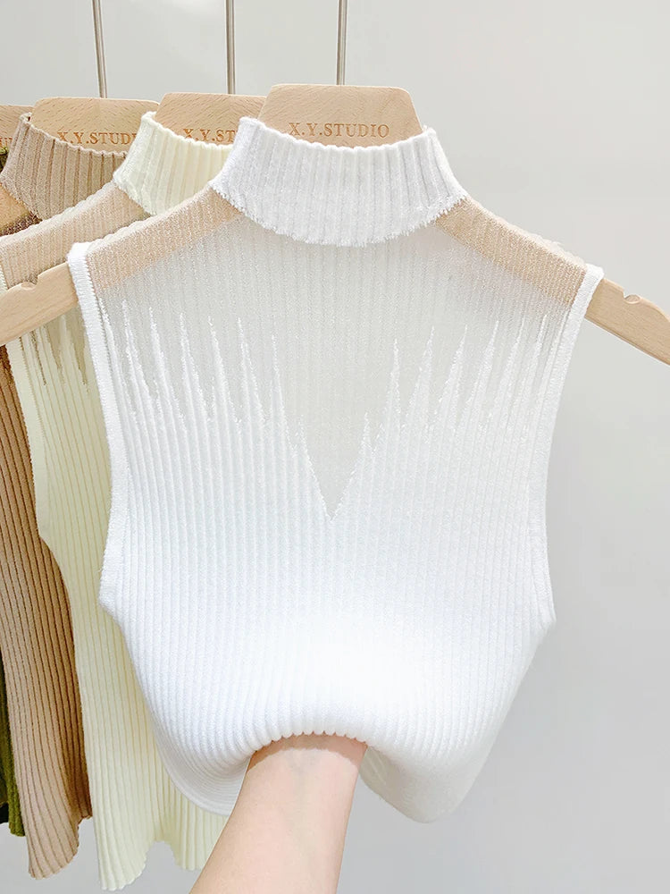 بلوزة نسائية محبوكة شبكية بدون أكمام Y2K، سترة نسائية بدون أكمام، سترة نسائية أنيقة بفتحات واسعة، بلوزة ضيقة سادة بتصميم أنبوبي 