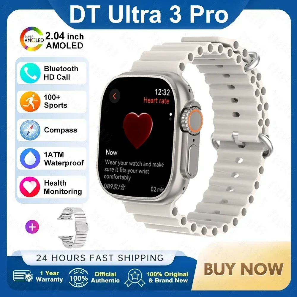 ساعة ذكية DT Ultra 3 Pro جديدة لعام 2025 مزودة بنظام تحديد المواقع العالمي (GPS) من جوجل وذاكرة 32 جيجابايت وموسيقى وفيديو وNFC وبلوتوث ومكالمات مقاومة للماء تعمل بنظامي Android وiOS 