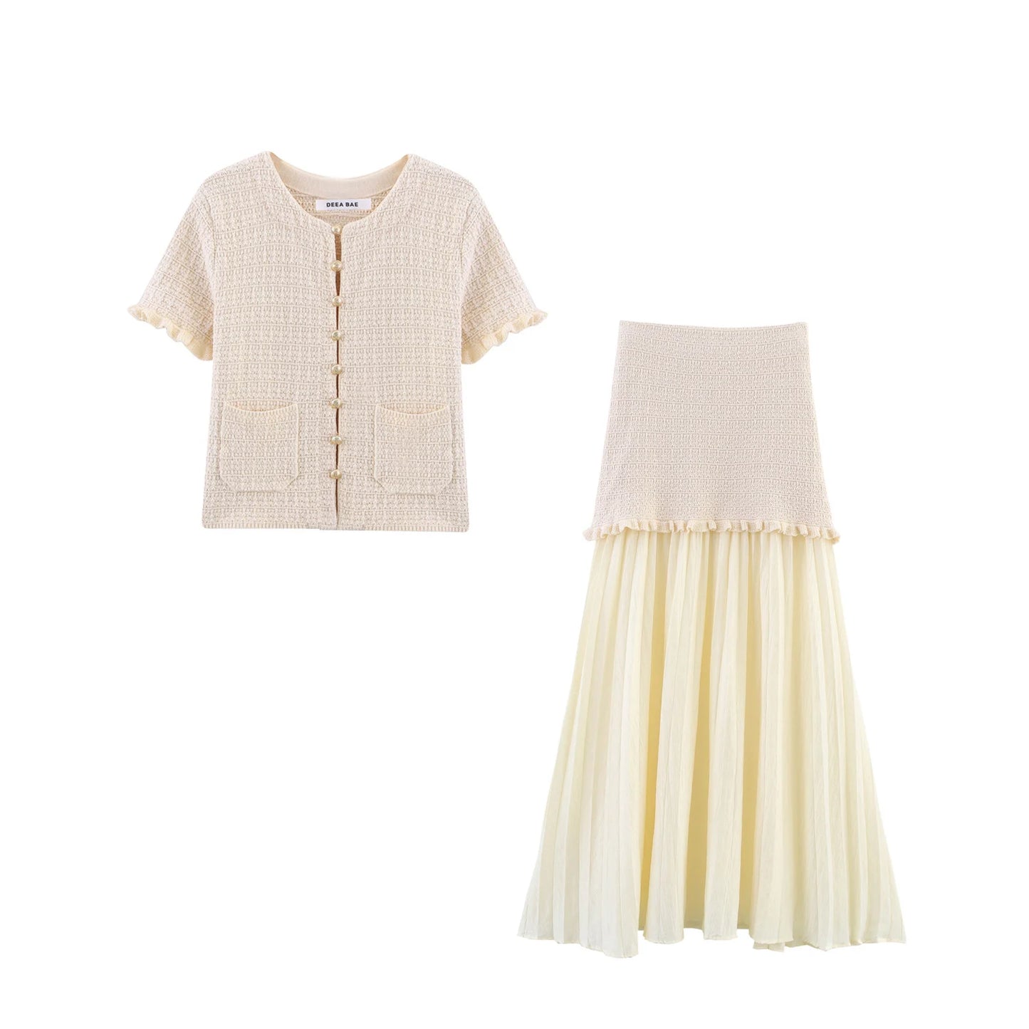 مجموعة كارديجان محبوك بأكمام قصيرة وتنورة نصفية أنيقة ومتعددة الاستخدامات برقبة مستديرة ومشبك من مجموعة DEEABAE لفصل الخريف والشتاء 