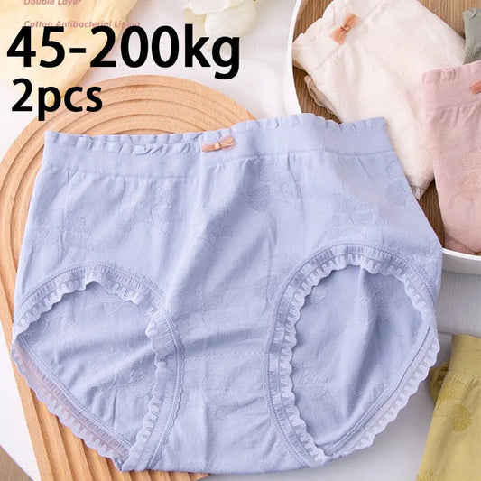 قطعتان من الملابس الداخلية النسائية ذات الحواف المتموجة من الدانتيل، مقاس كبير، ملابس داخلية مريحة وقابلة للتنفس ومرنة للبنات، مقاس كبير 