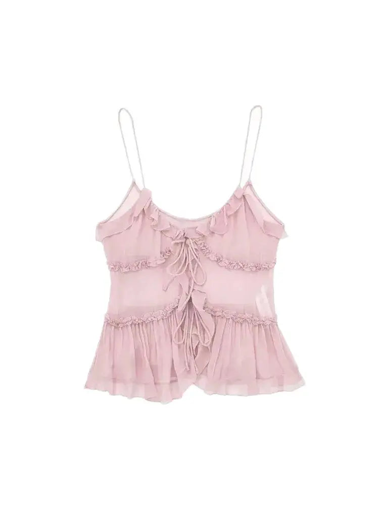 تي شيرت نسائي TRZA عصري مع كشكشة أمامية مربوطة شبه شفافة بدون أكمام، مثير بدون ظهر وأشرطة رفيعة، كاميس نسائي 