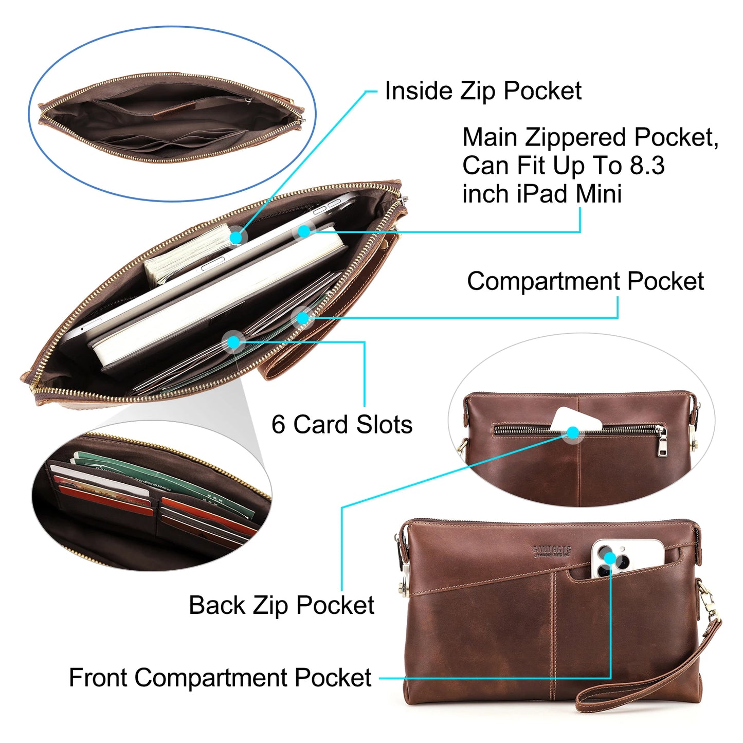 حقائب كلاتش من الجلد الطبيعي للرجال من CONTACT'S مزودة بقفل أمان وجيب للهاتف وحقيبة يد ومحفظة للرجال 