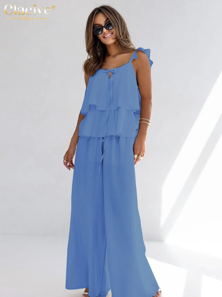 طقم نسائي من قطعتين من القطن الأبيض الفضفاض من Clacive صيفي 2025، مكون من بلوزة بدون أكمام مع بنطلون واسع وخصر مرتفع للنساء 