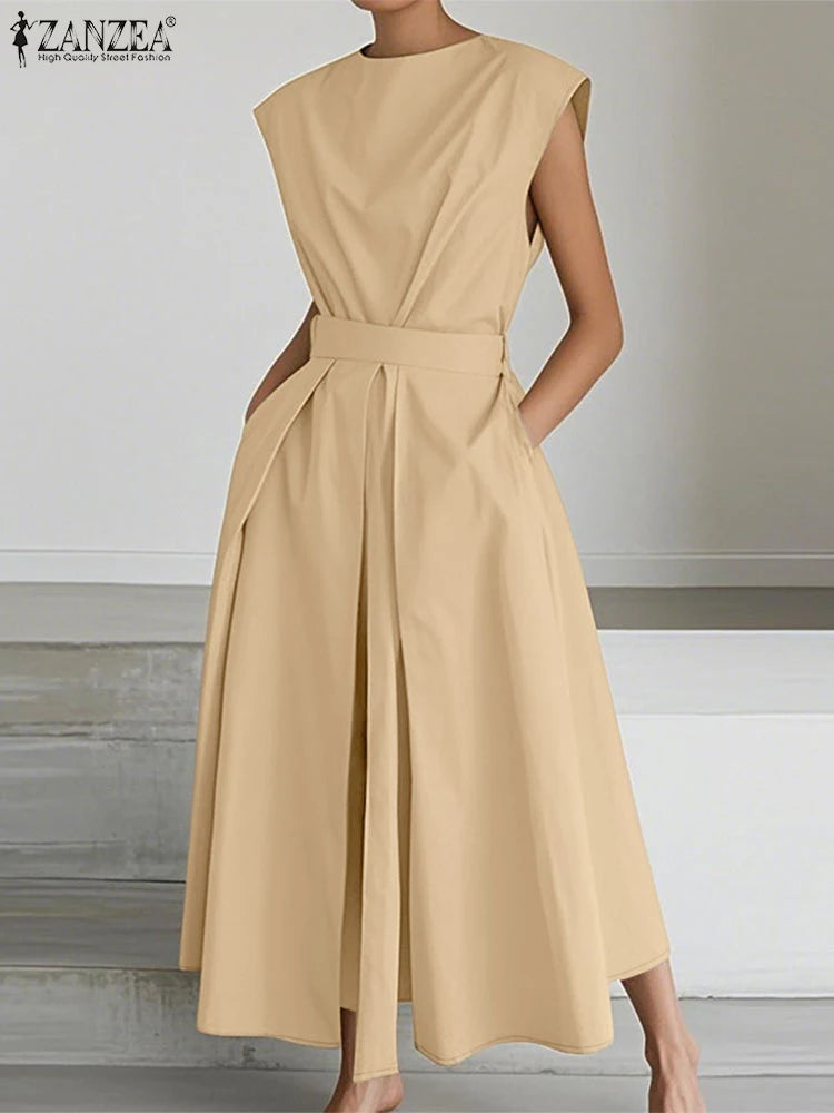 فستان صيفي أنيق بطبعات راقصة وطول ميدي، مثالي للارتداء اليومي والموضة العصرية. 