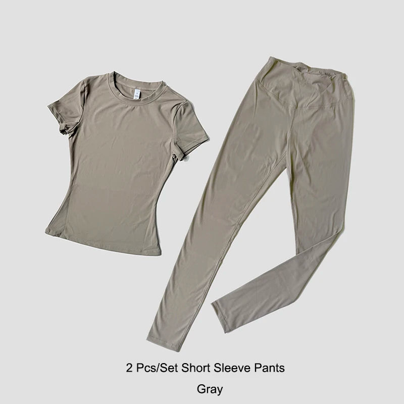 مجموعة يوغا نسائية ملابس رياضية ملابس تمرين ملابس رياضية بنطال رياضي ضيق لياقة بدنية قميص قصير الأكمام بدلة رياضية