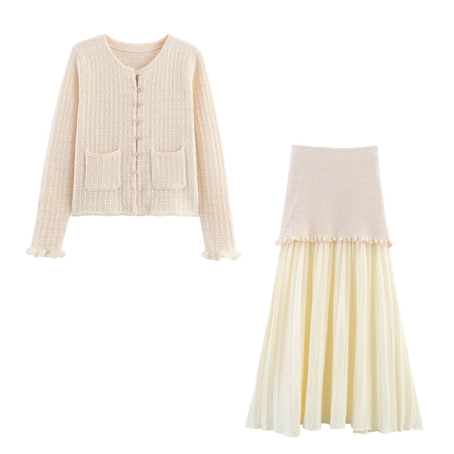 مجموعة كارديجان محبوك بأكمام قصيرة وتنورة نصفية أنيقة ومتعددة الاستخدامات برقبة مستديرة ومشبك من مجموعة DEEABAE لفصل الخريف والشتاء 