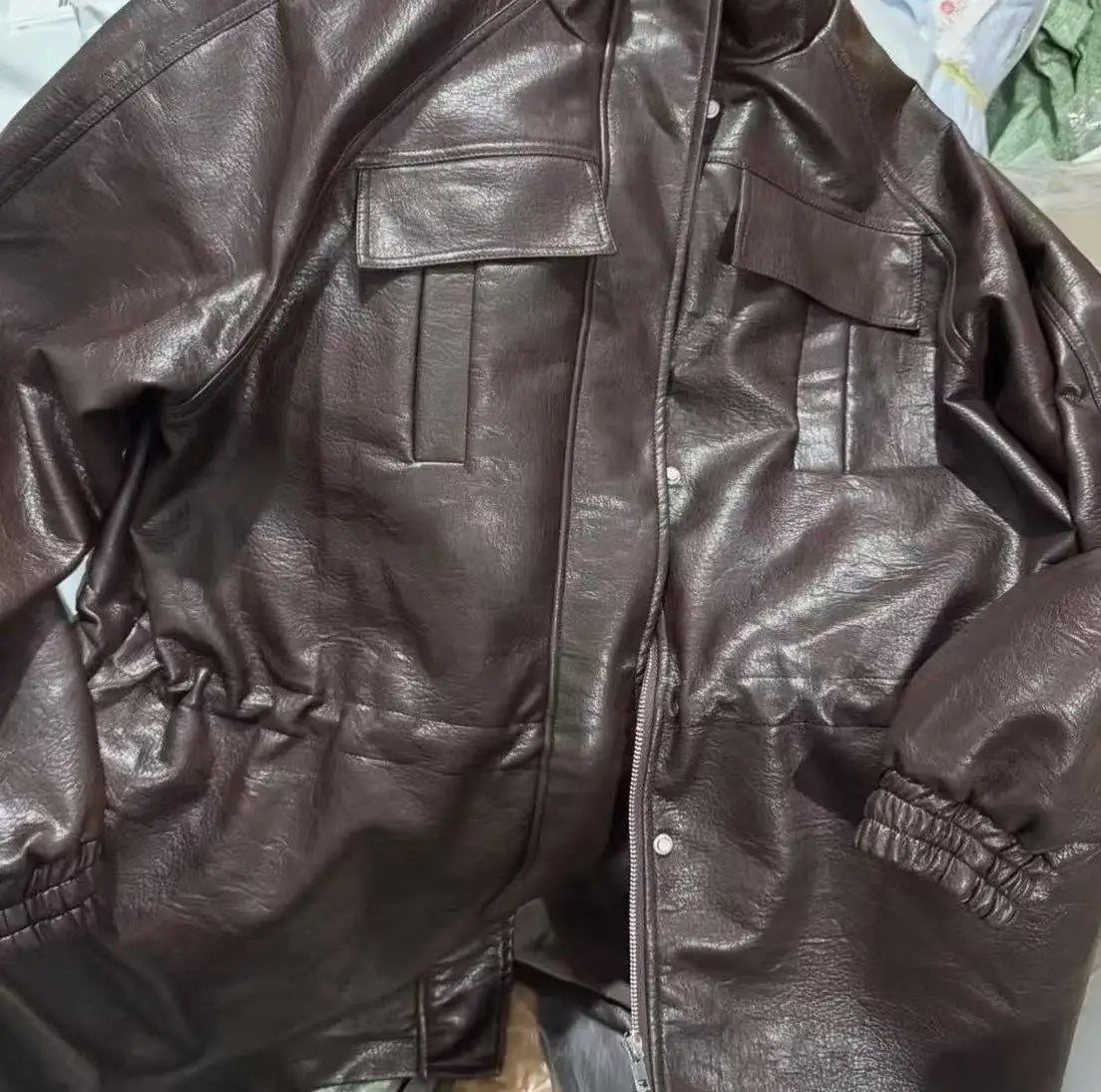 جاكيت نسائي من الجلد الصناعي لخريف/شتاء 2025 مع خصر مطاطي قابل للتعديل ومعطف نسائي وملابس خارجية 