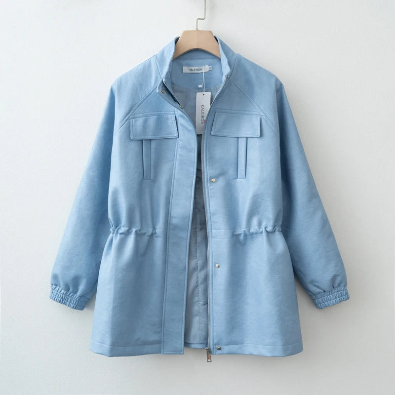 جاكيت نسائي من الجلد الصناعي لخريف/شتاء 2025 مع خصر مطاطي قابل للتعديل ومعطف نسائي وملابس خارجية 