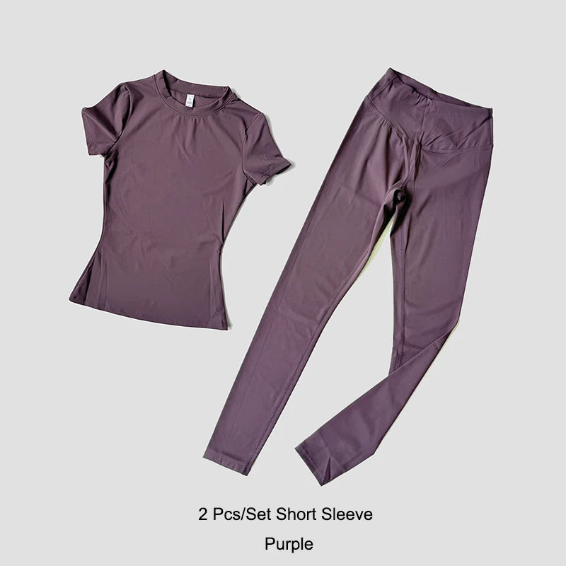 مجموعة يوغا نسائية ملابس رياضية ملابس تمرين ملابس رياضية بنطال رياضي ضيق لياقة بدنية قميص قصير الأكمام بدلة رياضية