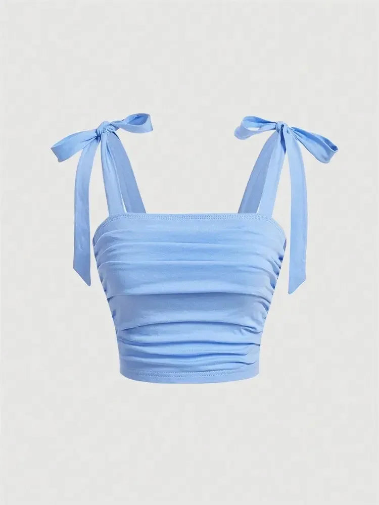 بلوزة قصيرة ضيقة بكتف مكشكش وحمالات عريضة، ملابس نسائية صيفية 2025، ملابس Y2K، بلوزة كاميس وردية مكشوفة الظهر، ملابس الشارع 