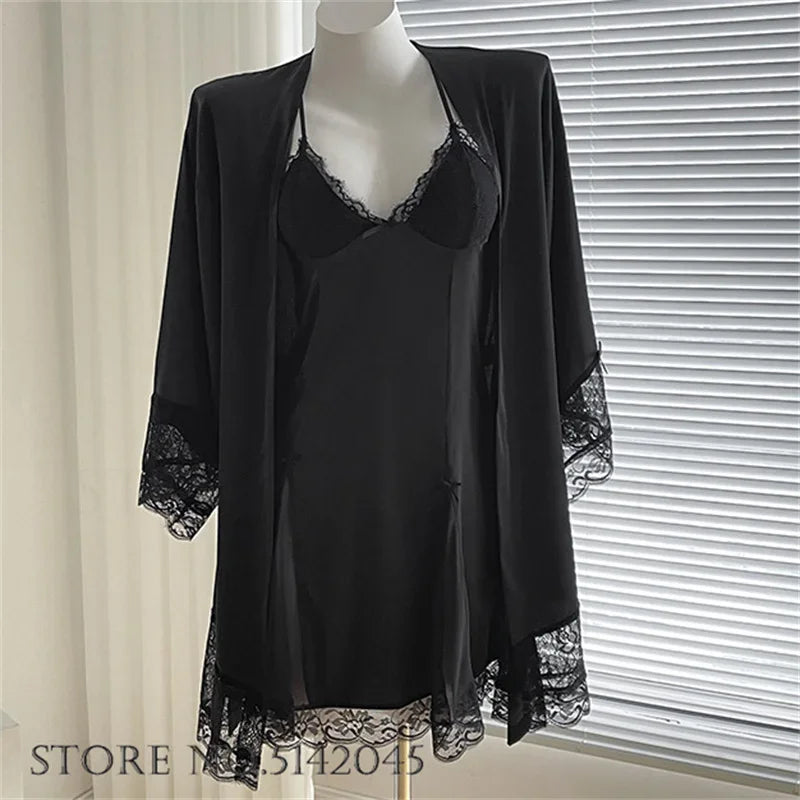 طقم ملابس نوم مثيرة من الدانتيل للنساء، ملابس نوم وأردية حمام، ملابس نوم حميمية، رداء حمام من الحرير والساتان، ملابس نوم صيفية منزلية 