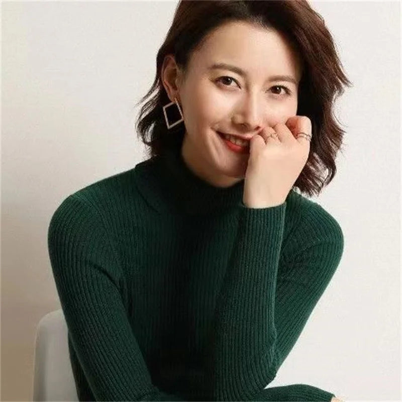 سترة نسائية سميكة للخريف والشتاء، سترة محبوكة مضلعة بأكمام طويلة وياقة مدورة، سترة نحيفة ناعمة ودافئة 