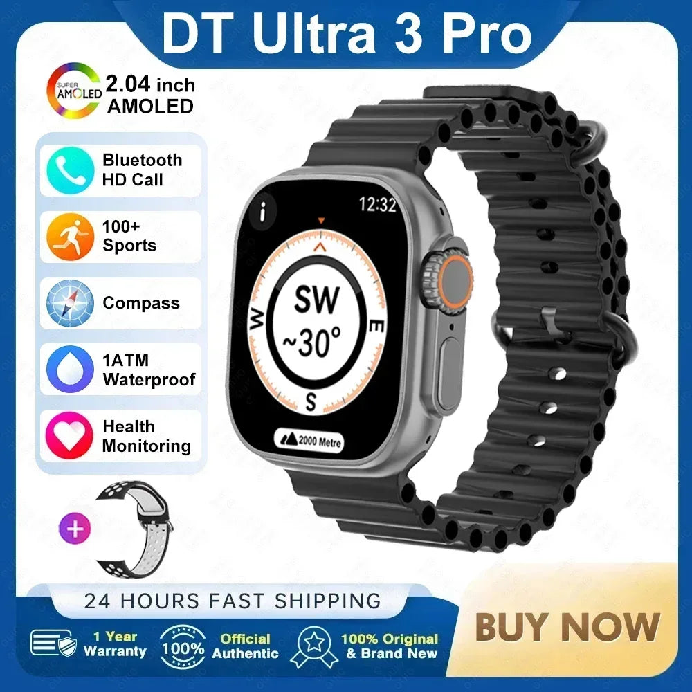 ساعة ذكية DT Ultra 3 Pro جديدة لعام 2025 مزودة بنظام تحديد المواقع العالمي (GPS) من جوجل وذاكرة 32 جيجابايت وموسيقى وفيديو وNFC وبلوتوث ومكالمات مقاومة للماء تعمل بنظامي Android وiOS 
