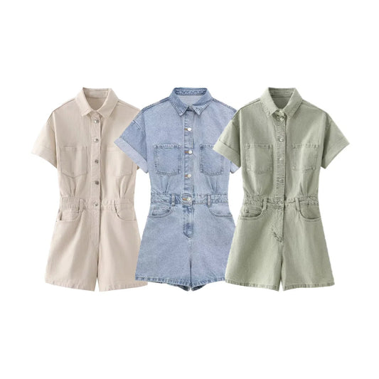 جمبسوت جينز قصير للنساء من ZARF مع مشبك جيب مزخرف لفصل الربيع والصيف ملابس نسائية غير رسمية جديدة