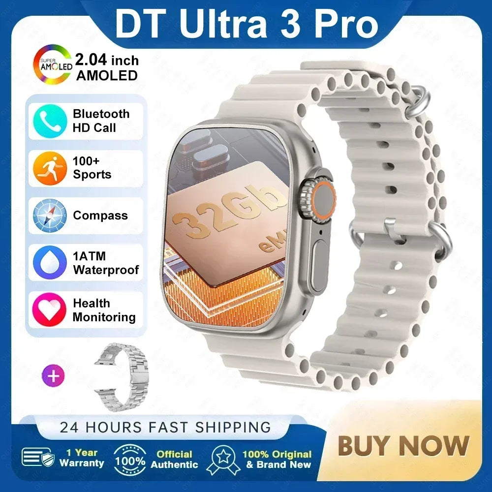 ساعة ذكية DT Ultra 3 Pro جديدة لعام 2025 مزودة بنظام تحديد المواقع العالمي (GPS) من جوجل وذاكرة 32 جيجابايت وموسيقى وفيديو وNFC وبلوتوث ومكالمات مقاومة للماء تعمل بنظامي Android وiOS 