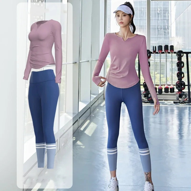 مجموعة ملابس رياضية نسائية للصالة الرياضية واليوجا، بنطال رياضي + تيشيرت رياضي، بنطال ضيق بدون درزات، بدلة رياضية 