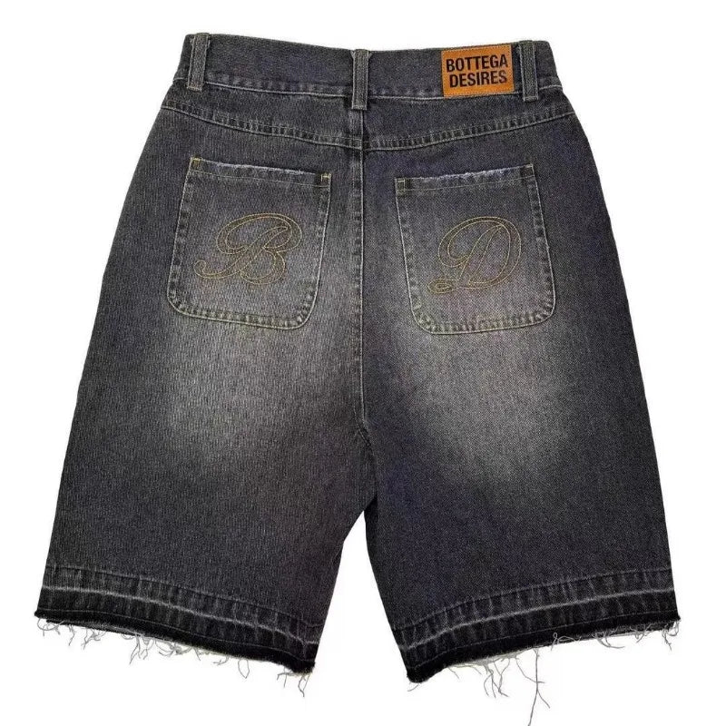 شورت جينز هاراجوكو عتيق من Deeptown Y2k للنساء مطرز بأحرف مغسولة وشرابات جينز أمريكية ريترو للرجال سراويل هيب هوب فضفاضة 