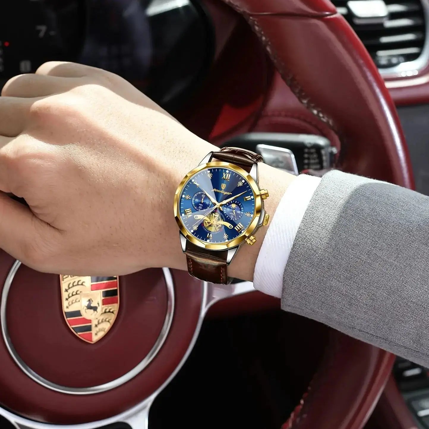 ساعة يد رجالية فاخرة عسكرية من POEDAGAR كوارتز مقاومة للماء كرونوغراف مضيئة من الجلد للرجال ساعة رياضية للرجال 