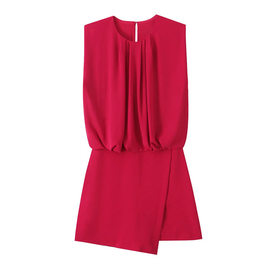 TRAF Women 2025 موضة جديدة ربيع 2025 جمبسوت قصير أنيق برقبة مستديرة بدون أكمام مناسب لجميع المناسبات شورت ضيق مطوي 