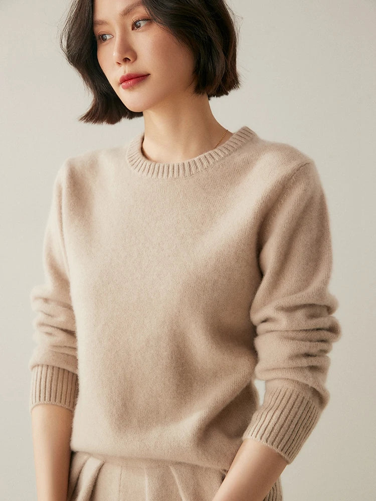 سترة أنيقة برقبة دائرية من الكشمير بنسبة 100% للنساء بلون واحد للخريف والشتاء ملابس أساسية غير رسمية سميكة ودافئة من التريكو بلوزات ناعمة 