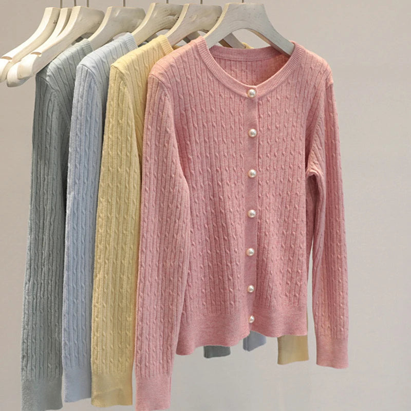 بلوزة أنيقة بأكمام طويلة للنساء لفصل الخريف والشتاء، سترة بصدر واحد، بياقة دائرية، كارديجان محبوك سميك ودافئ للنساء