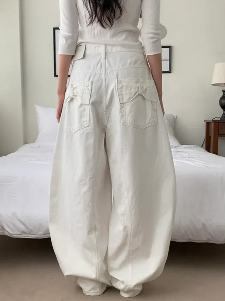 بنطلون جينز نسائي فضفاض بتصميم عقدة من قماش الدنيم، جديد للربيع، بنطلون كاجوال بخصر عالٍ وساق واسعة، لون نقي