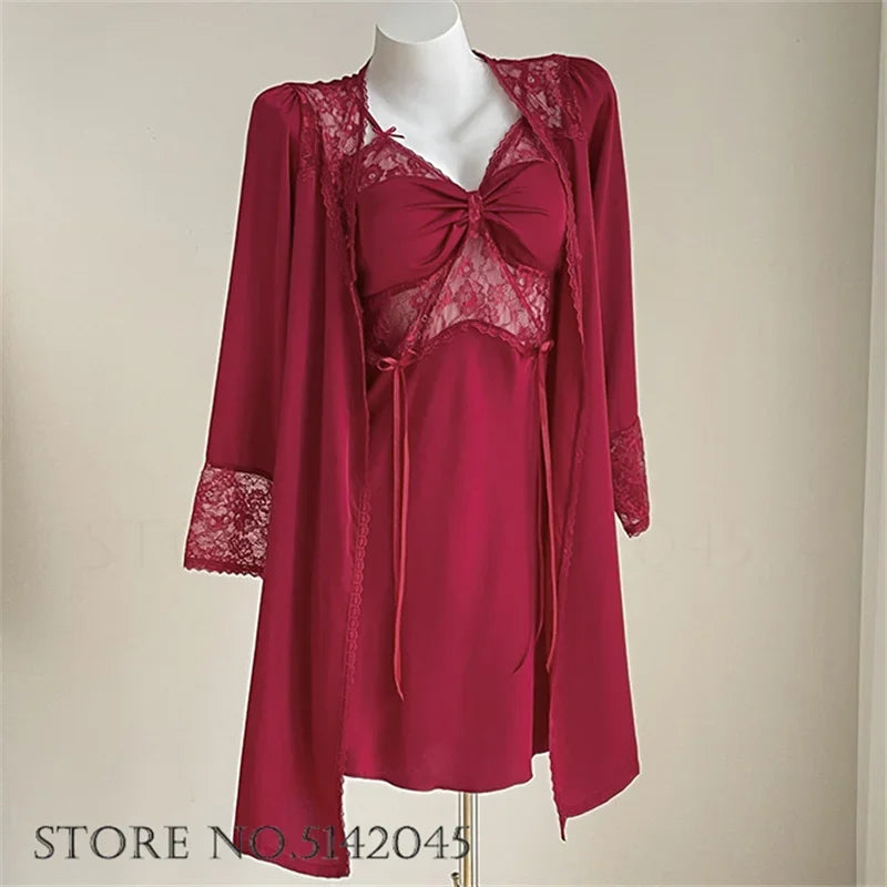 طقم ملابس نوم مثيرة من الدانتيل للنساء، ملابس نوم وأردية حمام، ملابس نوم حميمية، رداء حمام من الحرير والساتان، ملابس نوم صيفية منزلية 