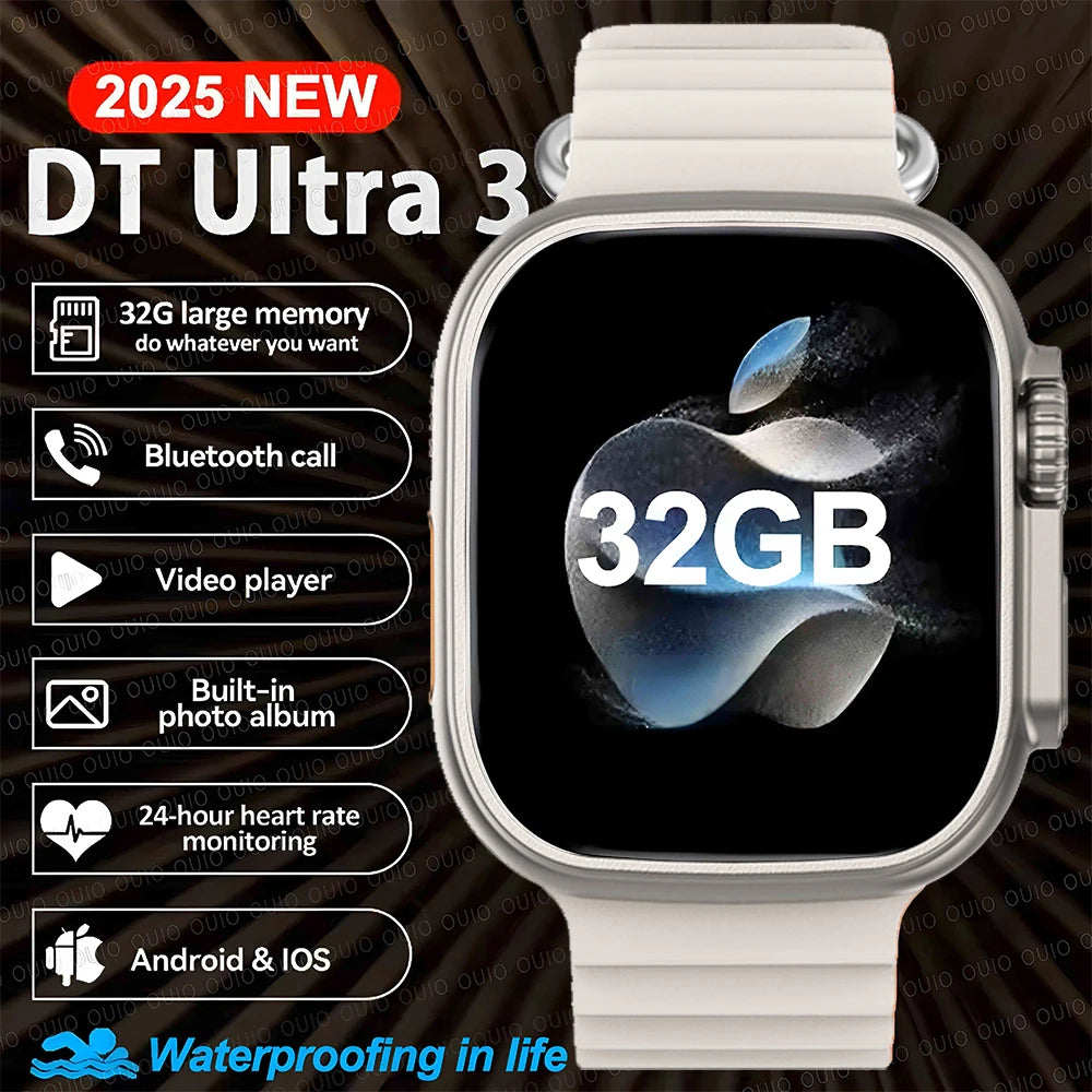 ساعة ذكية DT Ultra 3 Pro جديدة لعام 2025 مزودة بنظام تحديد المواقع العالمي (GPS) من جوجل وذاكرة 32 جيجابايت وموسيقى وفيديو وNFC وبلوتوث ومكالمات مقاومة للماء تعمل بنظامي Android وiOS 