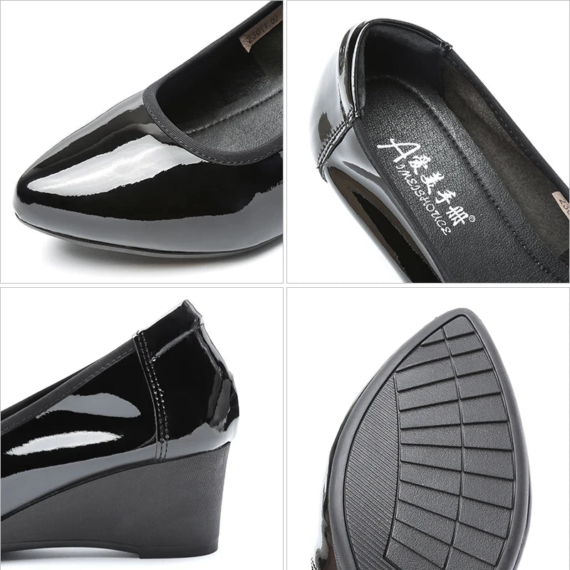 حذاء نسائي مثير ذو مقدمة مدببة من الجلد اللامع بكعب 2025 حذاء موكاسين نسائي أنيق بكعب إسفيني سهل الارتداء من لوليتا 33