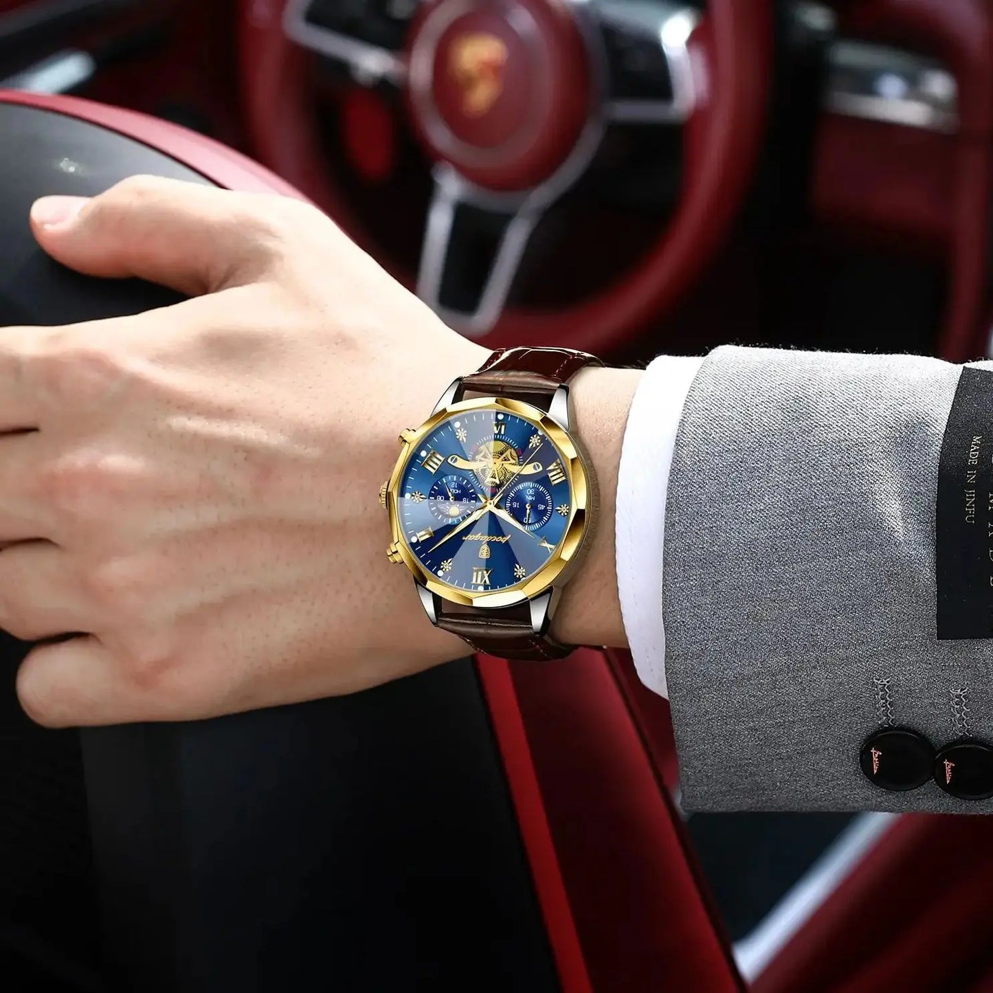 ساعة يد رجالية فاخرة عسكرية من POEDAGAR كوارتز مقاومة للماء كرونوغراف مضيئة من الجلد للرجال ساعة رياضية للرجال 