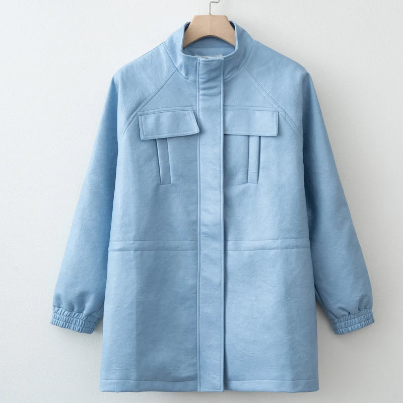 جاكيت نسائي من الجلد الصناعي لخريف/شتاء 2025 مع خصر مطاطي قابل للتعديل ومعطف نسائي وملابس خارجية 